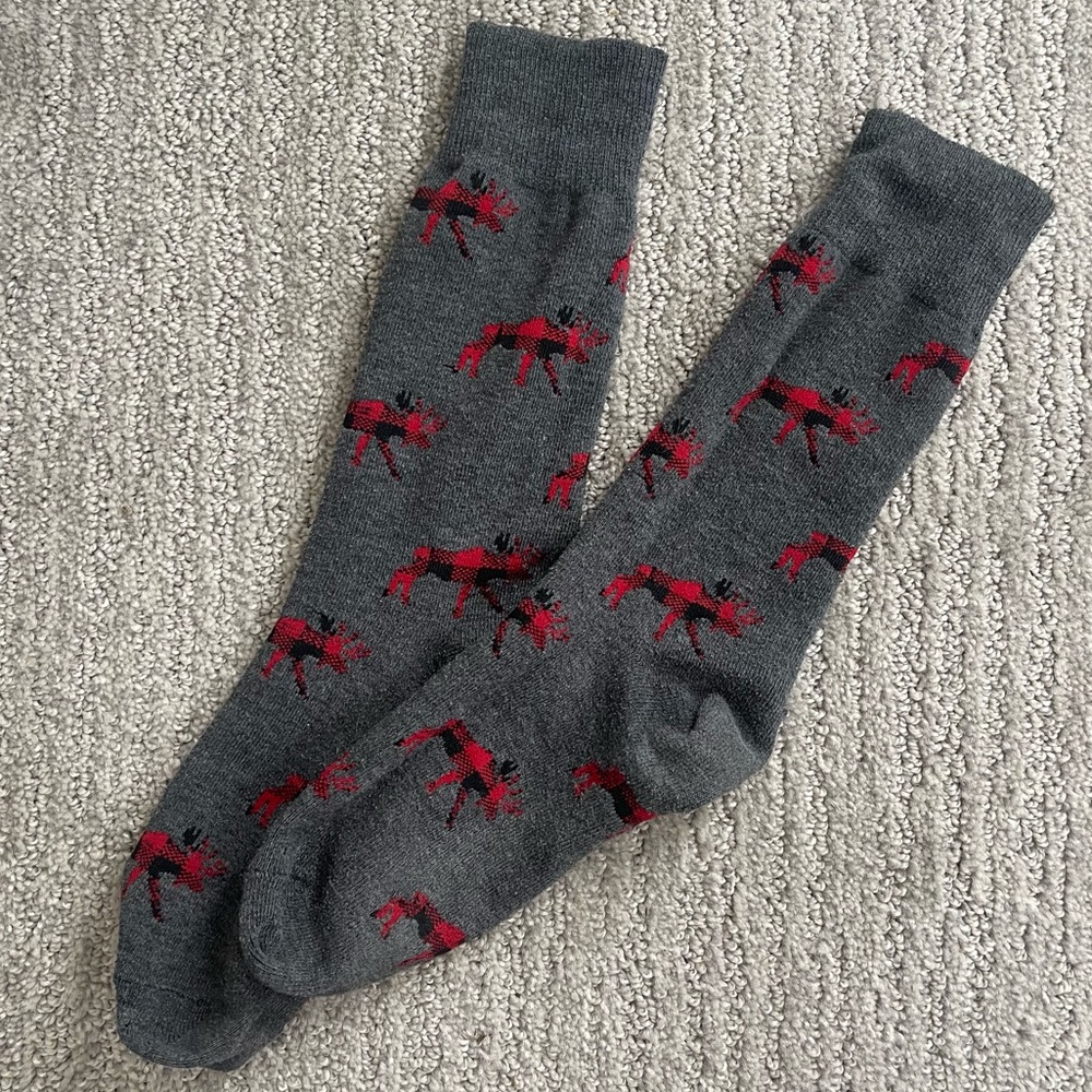 Long Gray Socks With Elk Print Red and Black Mens Adults